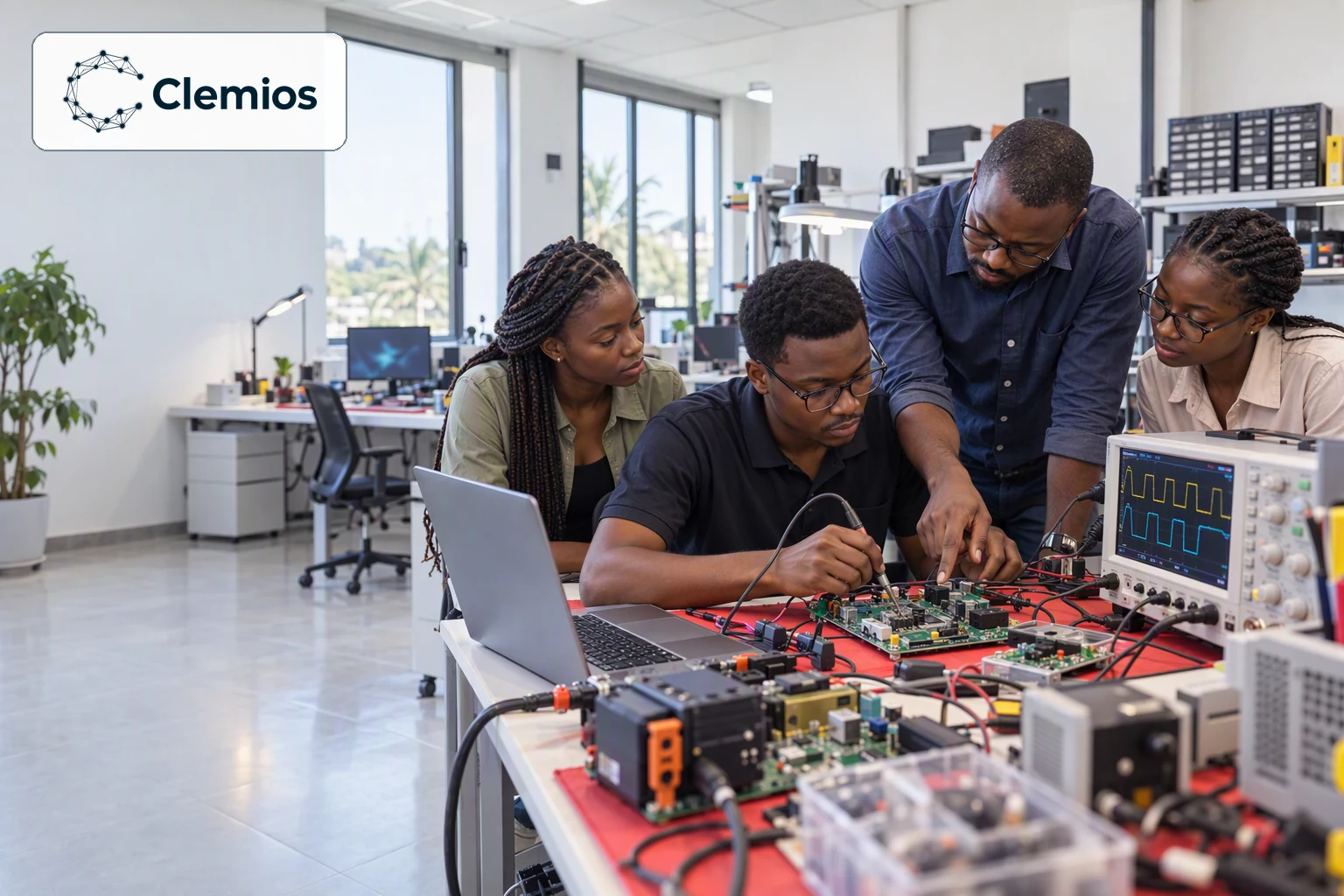 Embedded systems trainees and mentor debugging a development board in the Clemios laboratory